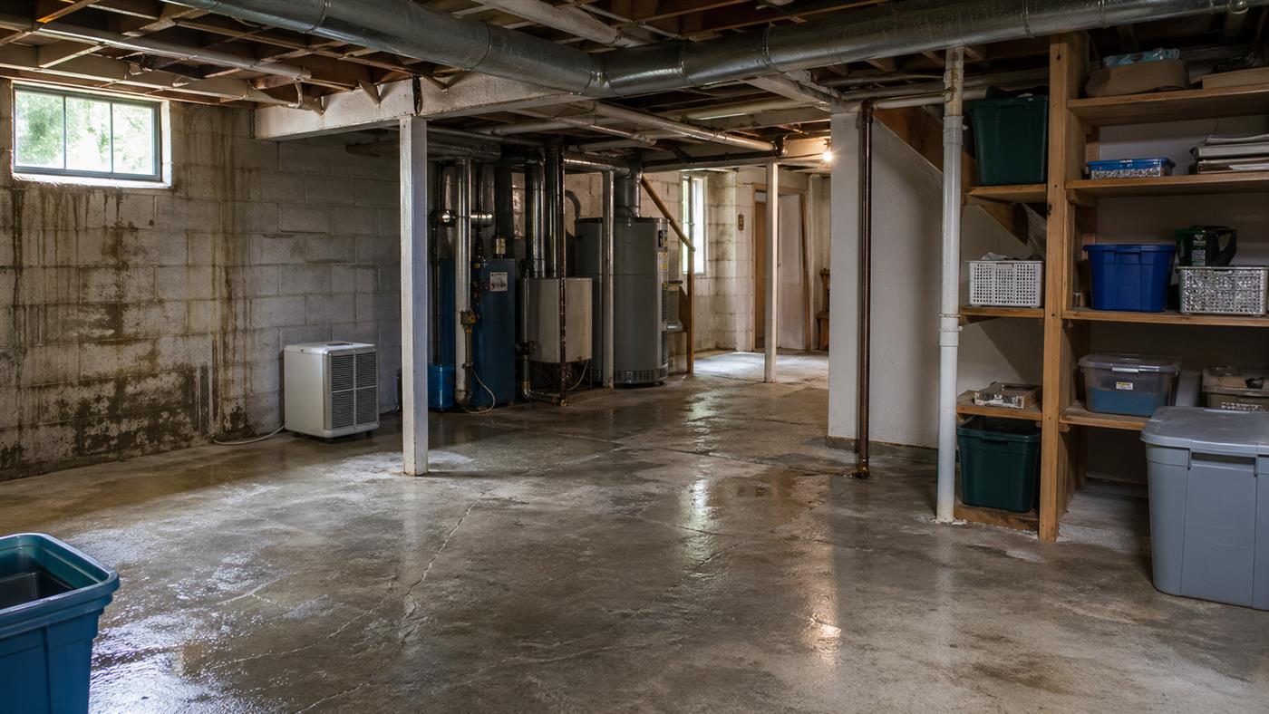 Home basement interior with subtle damp atmosphere for mold and musty odor removal in Los Angeles