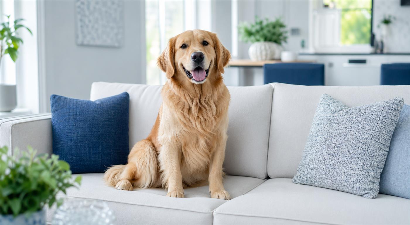 Dog sitting on a clean couch inside a bright home for pet odor removal in Los Angeles